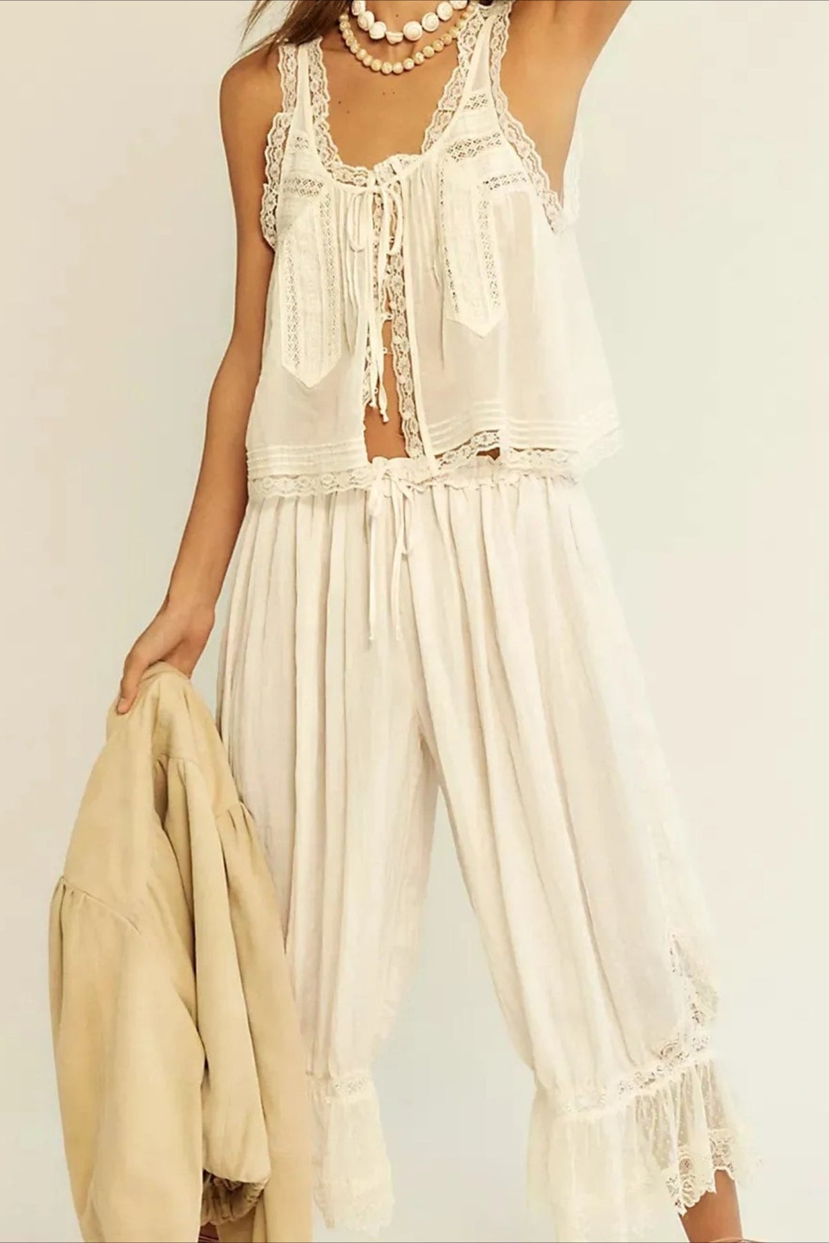 Patchwork Lace Sleeveless Top Boho Pants Set
