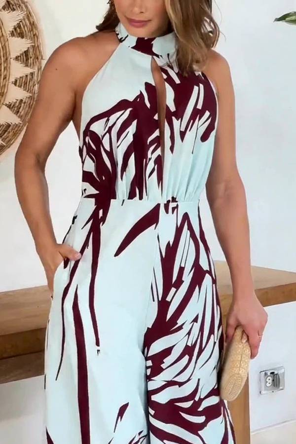 Printed Hollow Halter Sleeveless Waisted Wide Leg Jumpsuit