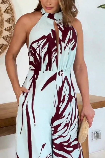 Printed Hollow Halter Sleeveless Waisted Wide Leg Jumpsuit