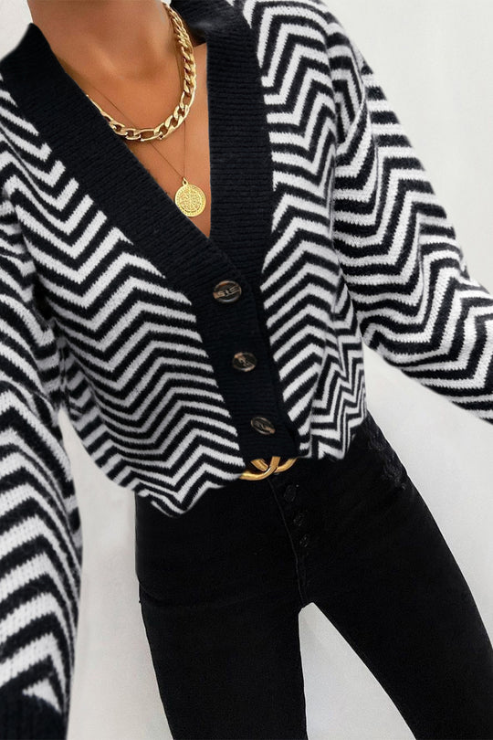 Long Sleeve V Neck Open Front Striped Knit Cardigan Sweaters