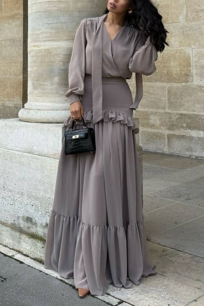 V-neck Lantern Sleeve High-Waisted Tiered Ruffle Maxi Dress
