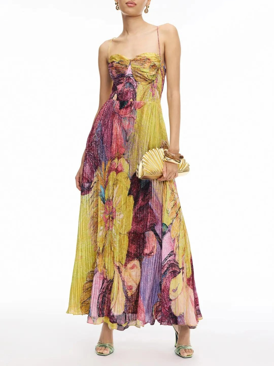 Spaghetti Strap Waisted Floral Print Swing Maxi Dress