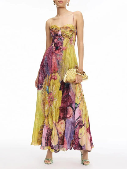 Spaghetti Strap Waisted Floral Print Swing Maxi Dress