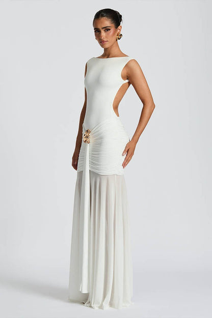 Solid Sleeveless Backless Ruched Waist Slit Formal Dress