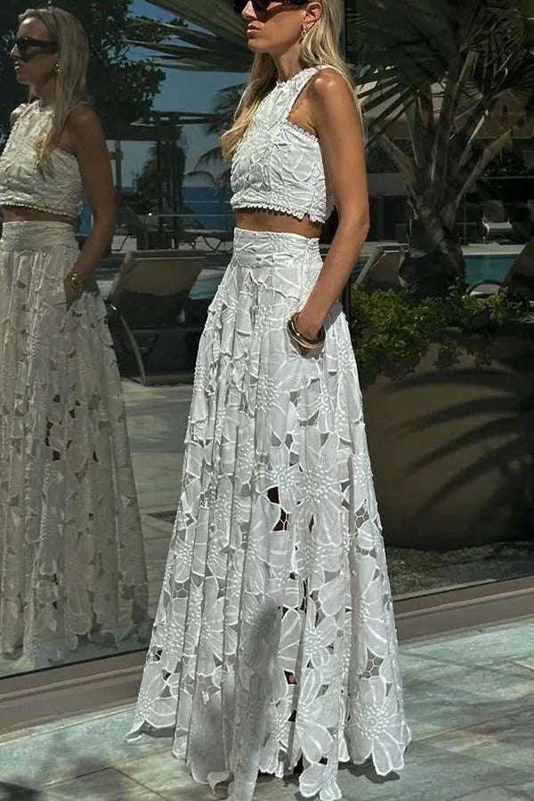 Next Trip Floral Embroidery Crochet Lace Elastic Waist Pocket Maxi Skirt