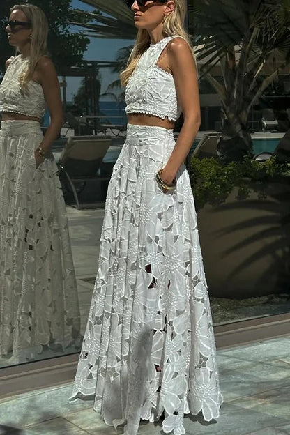 Next Trip Floral Embroidery Crochet Lace Elastic Waist Pocket Maxi Skirt