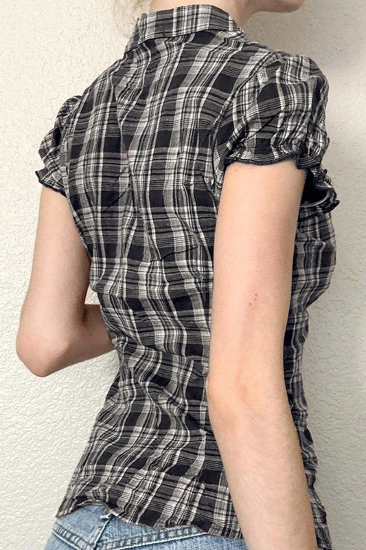 British Style Plaid Ruffled V Neck Puff Sleeve Tie Waist Blouse
