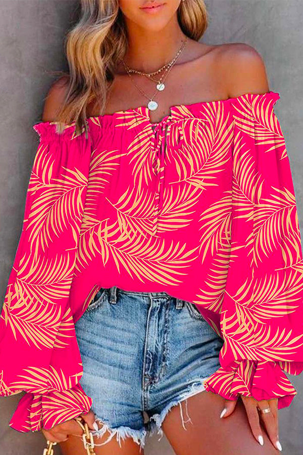 Off Shoulder Long Sleeve Printed Pullover Top