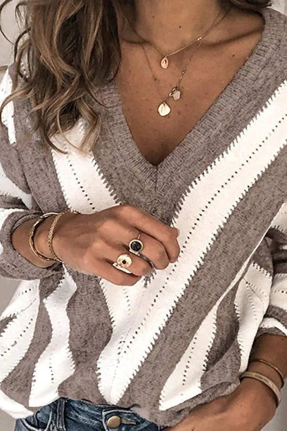 V Neck Stripe Color Block Loose Oversized Pullover Sweater