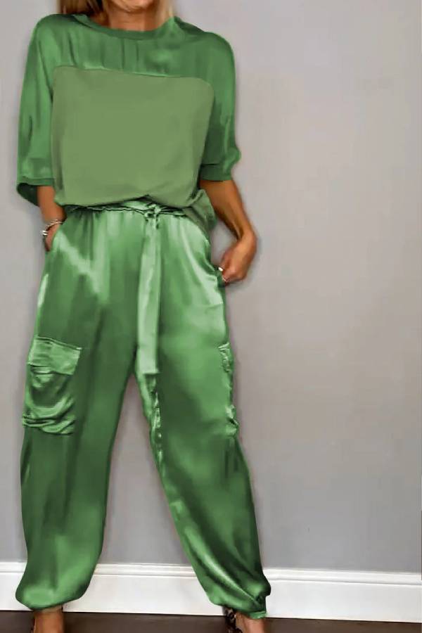 Satin Gloss Drawstring Waist-Defining Wide-Leg Workwear Set
