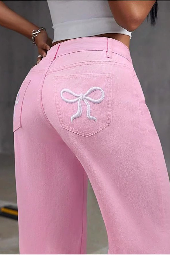 Y2K Bow Embroidered High Waist Straight Loose Jeans