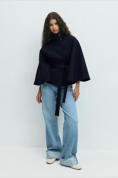 High Neck Button Detail Batwing Sleeve Coat