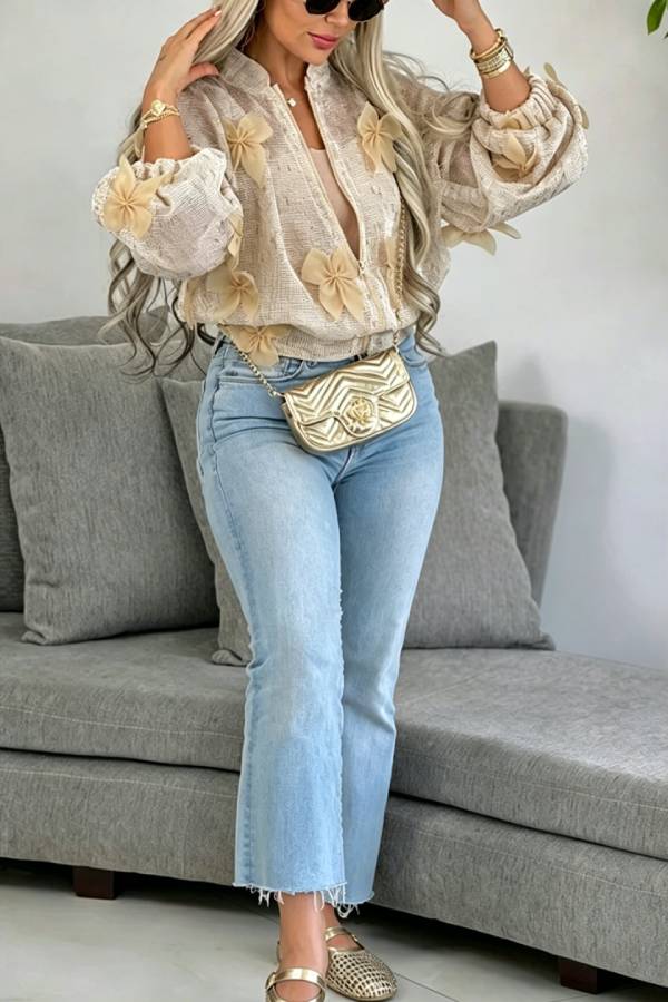 Lynn Cut-out Fabric Tulle Bow Detail Zipper Stand Neck Long Sleeve Jacket