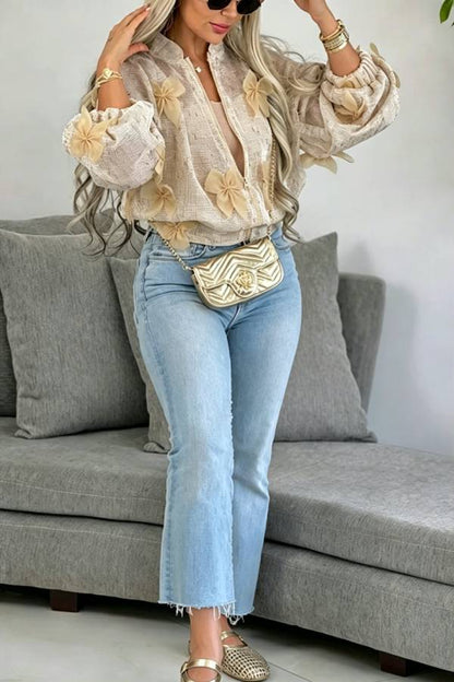 Lynn Cut-out Fabric Tulle Bow Detail Zipper Stand Neck Long Sleeve Jacket