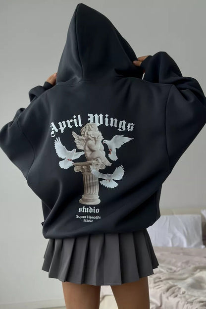 Retro Angel Dove Back Print Zip Hoodie