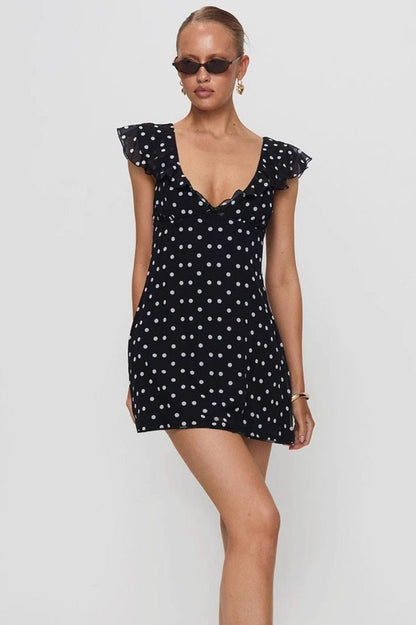 Polka Dot Ruffle V-Neck Cap Sleeve Fit and Flare Mini Dress
