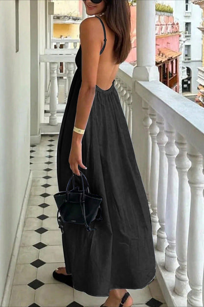 Deep V High Waist Relaxed Vacation Maxi Dress
