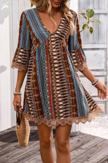 Bohemian Ethnic Print V-Neck Lace Trim Bell Sleeve Babydoll Dress
