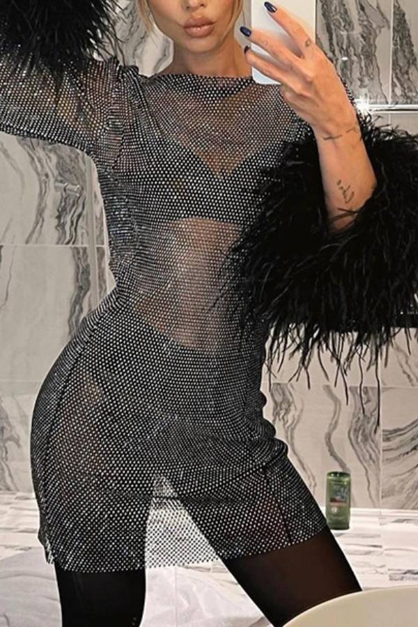 Rhinestone Feather Sleeve Bodycon Dress