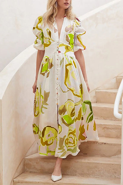 Abstract Watercolor Floral Puff Sleeve Button Maxi Dress