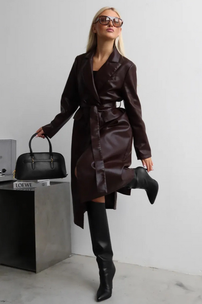 Faux Leather PU Long Chic Casual Overcoat