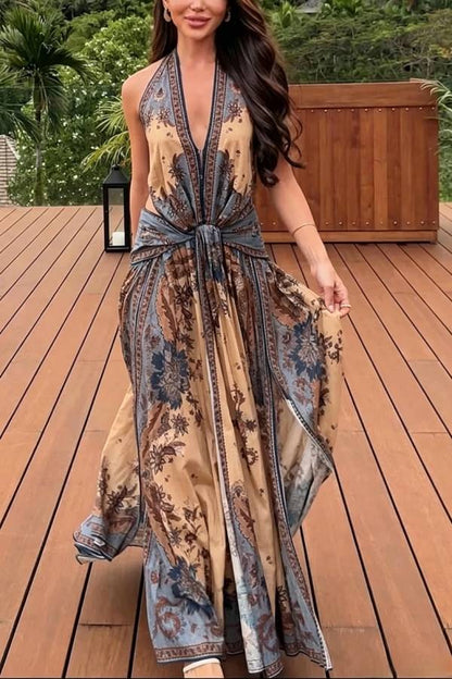 Chapel Linen Blend Floral Print Cutout Tie-up Waist Pocket Halter Backless Maxi Dress