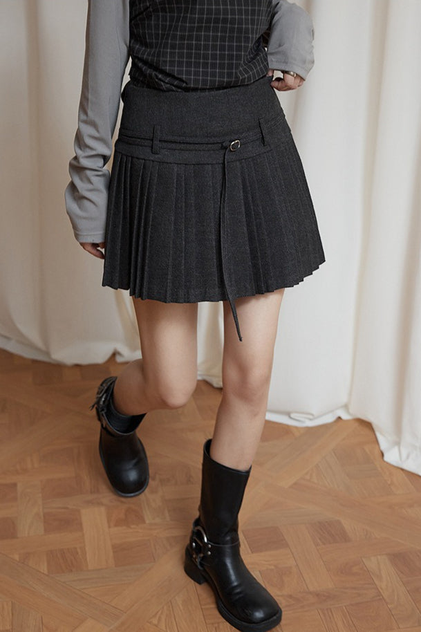 Solid Wool Pleated High Waist Skirt