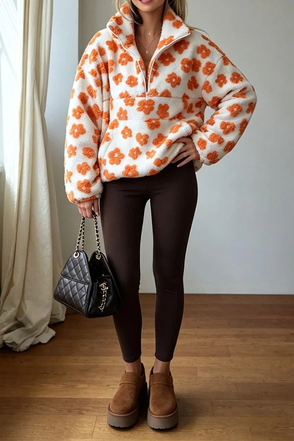 Colorblock Floral Pattern Teddy Bear Fleece Material Long Sleeve Kangaroo Pocket Zipper Sweatshirt