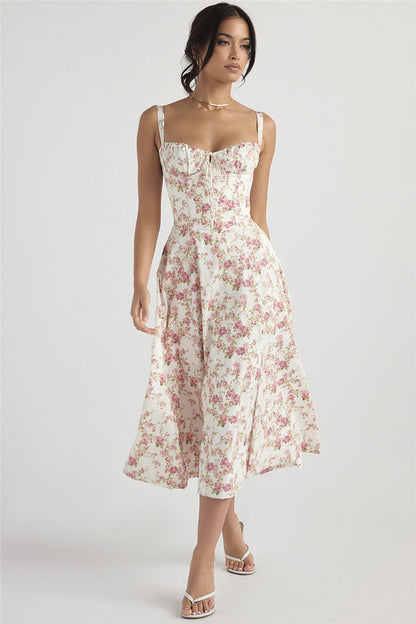 Floral Corset Sweetheart Spaghetti Strap Lace Trim A-Line Midi Dress