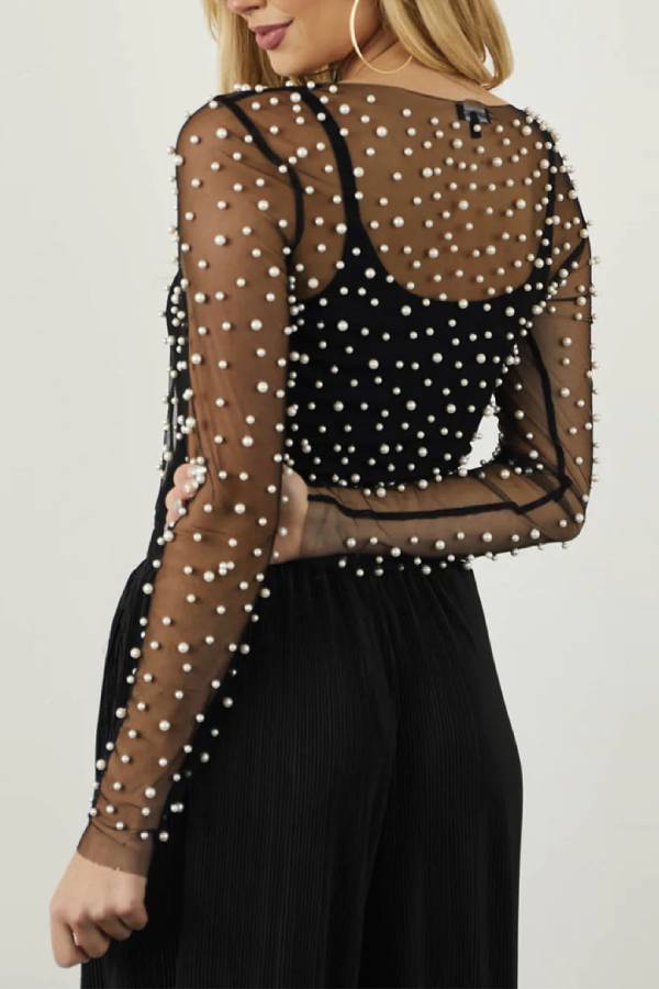 Pearl-Embellished Mesh Long-Sleeved Top