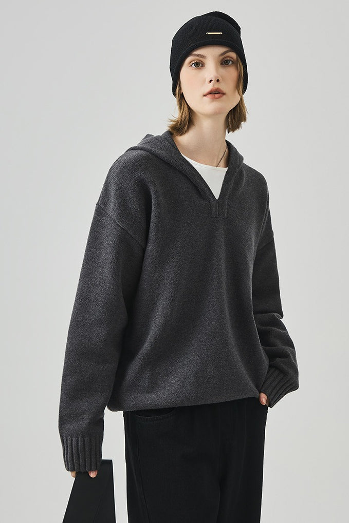 Slouchy V-Neck Hooded Sweater