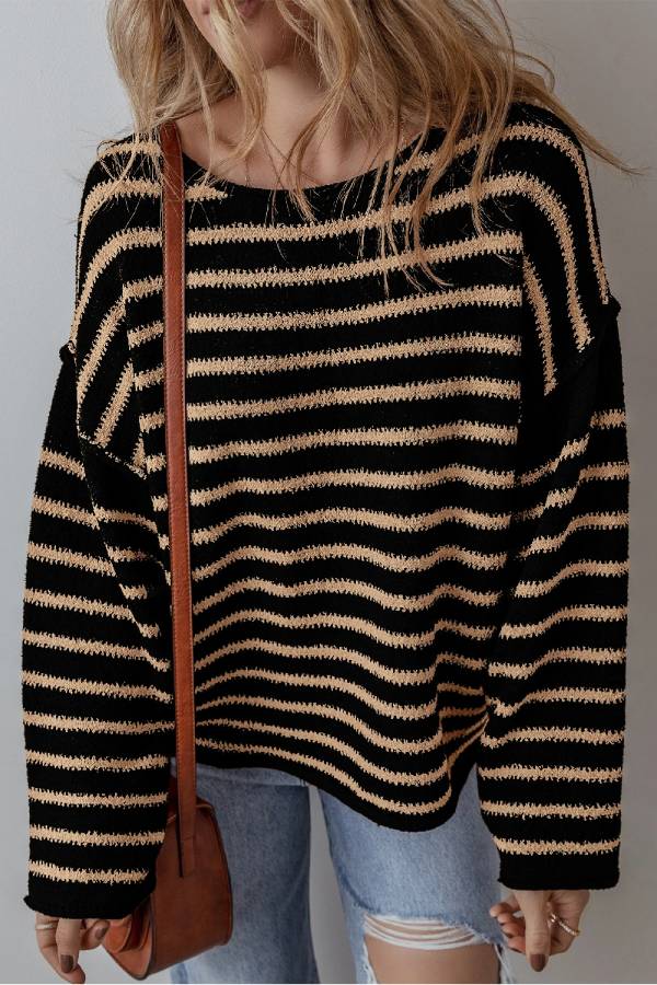 Black Stripe Drop Shoulder Round Neck Loose Sweater
