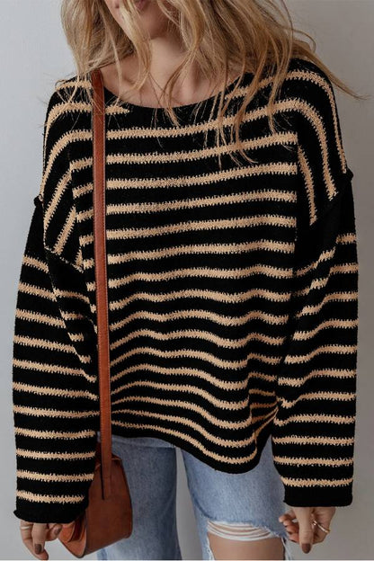 Black Stripe Drop Shoulder Round Neck Loose Sweater