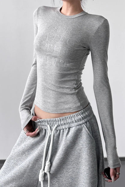 Letter Print Slim Short Long Sleeve Crop Top