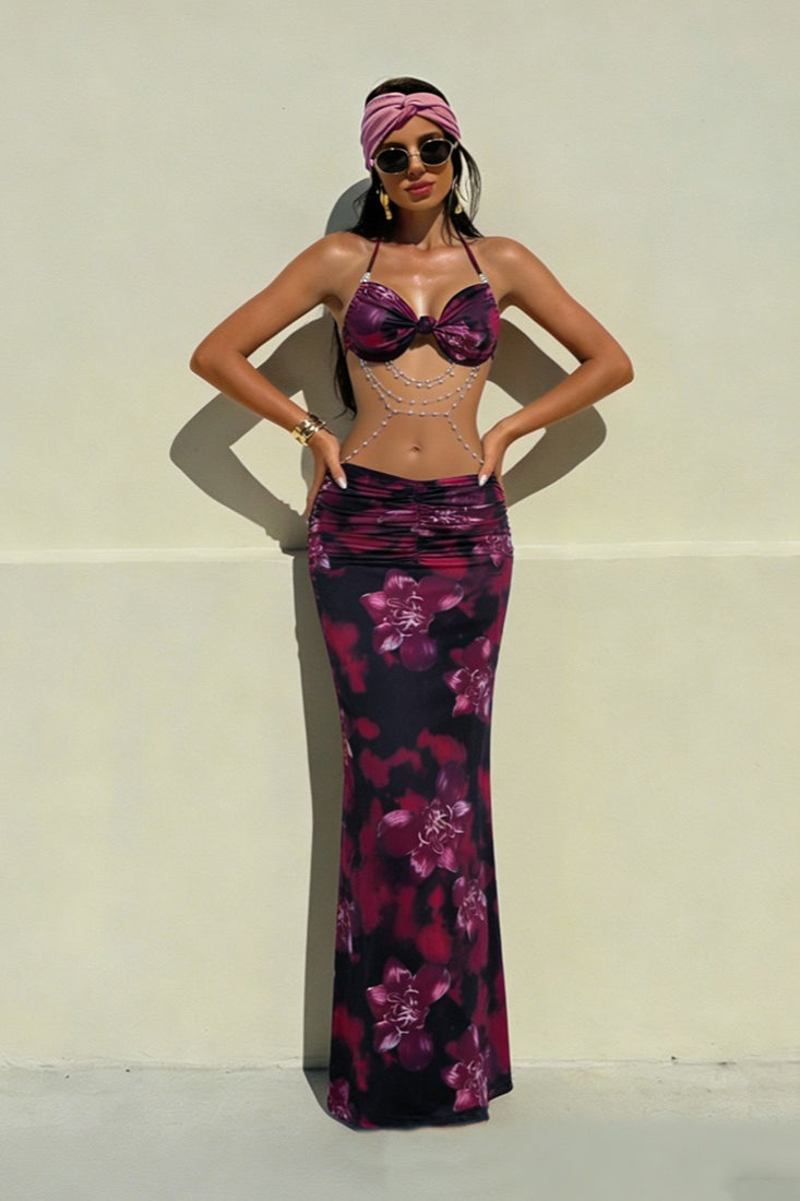 Elegant Chain Detailed Backless Floral Dress