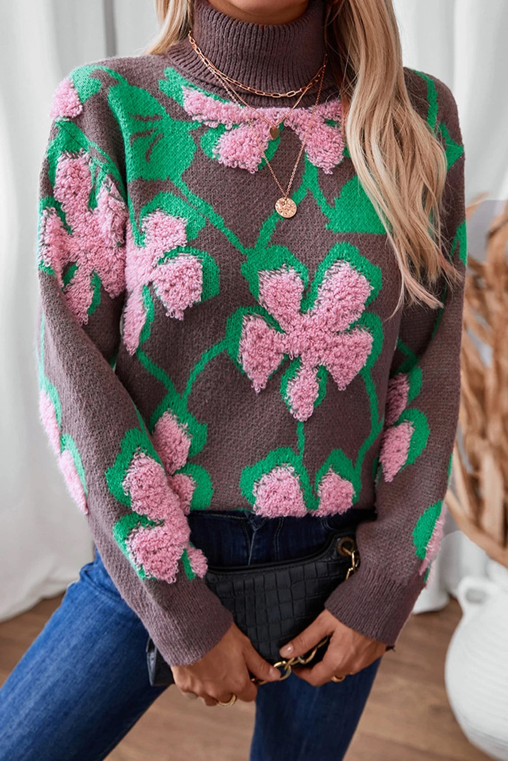 Pink Plush Floral Collar Loose Pullover Sweater
