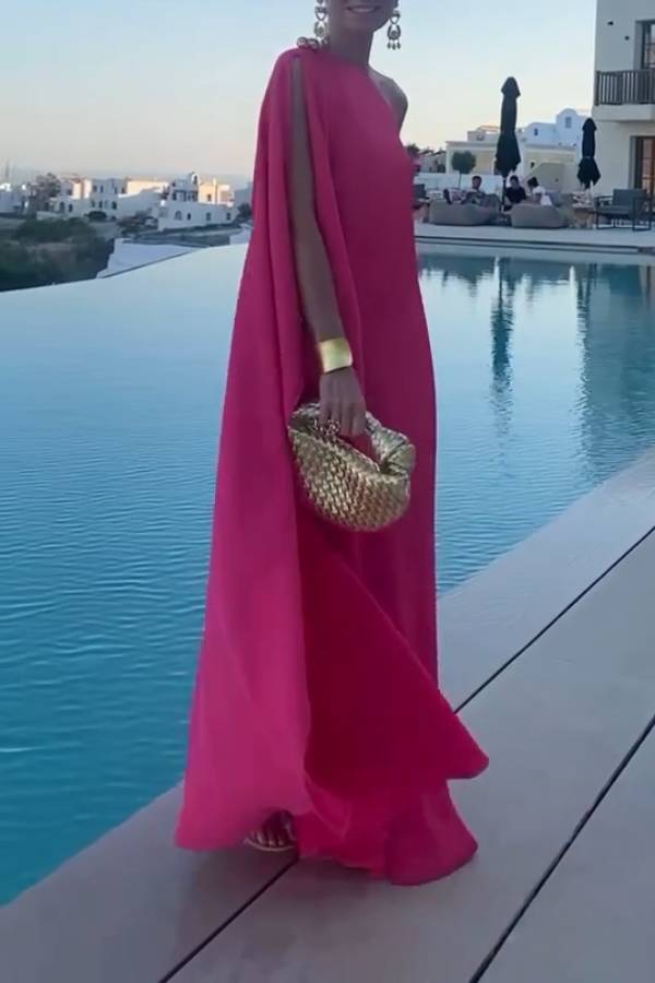 Raspberry Pink One-Shoulder Cape Flowy Maxi Dress