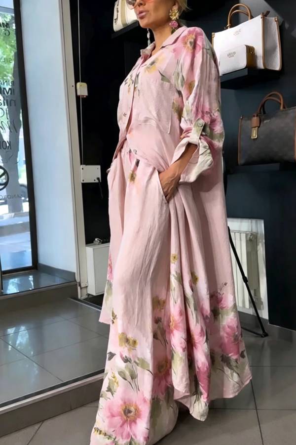 Alice Linen Blend Floral Print Long Sleeve Midi Shirt and Elastic Waist Pocketed Loose Pants Set
