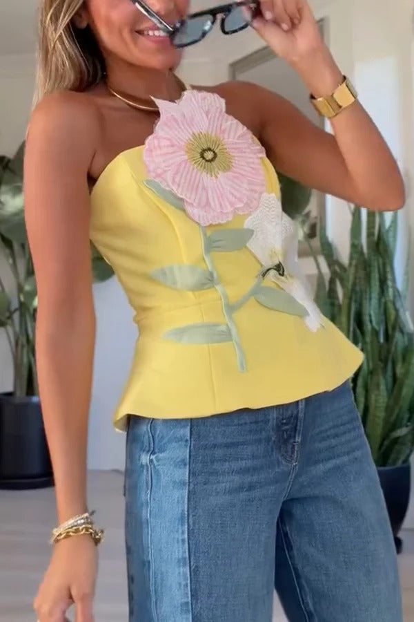 Create Beauty Flower Appliques Off Shoulder Tailored Waist Tank Top