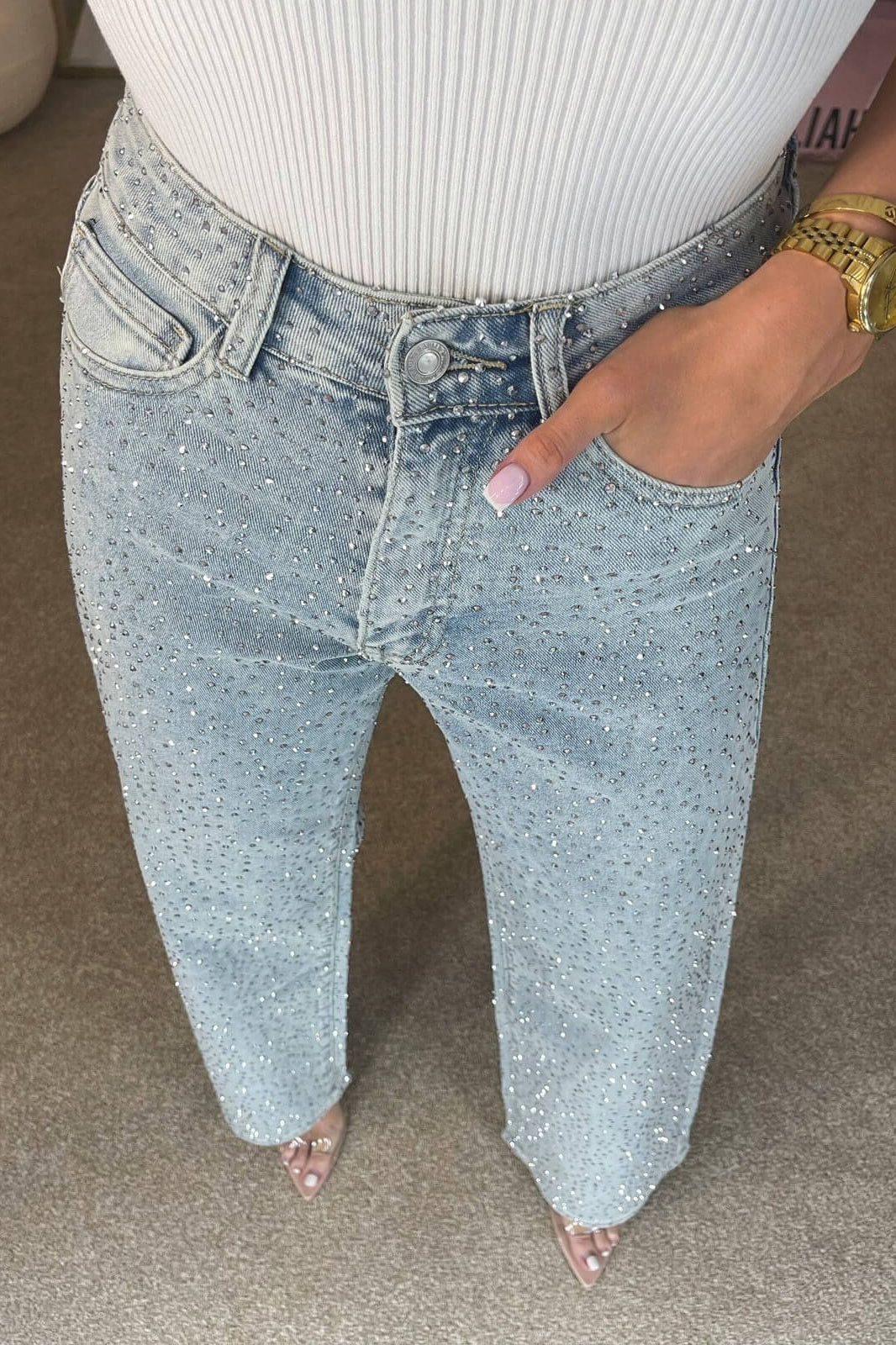 Rhinestone Washed High Waist Straight Jeans