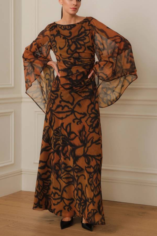 LONG PRINTED DRESS WITH WIDE SLEEVES