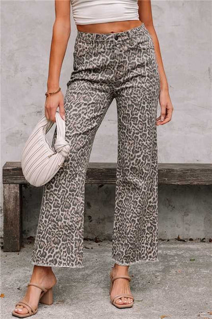 High-Waisted Light Grey Leopard Print Wide-Leg Cropped Jeans