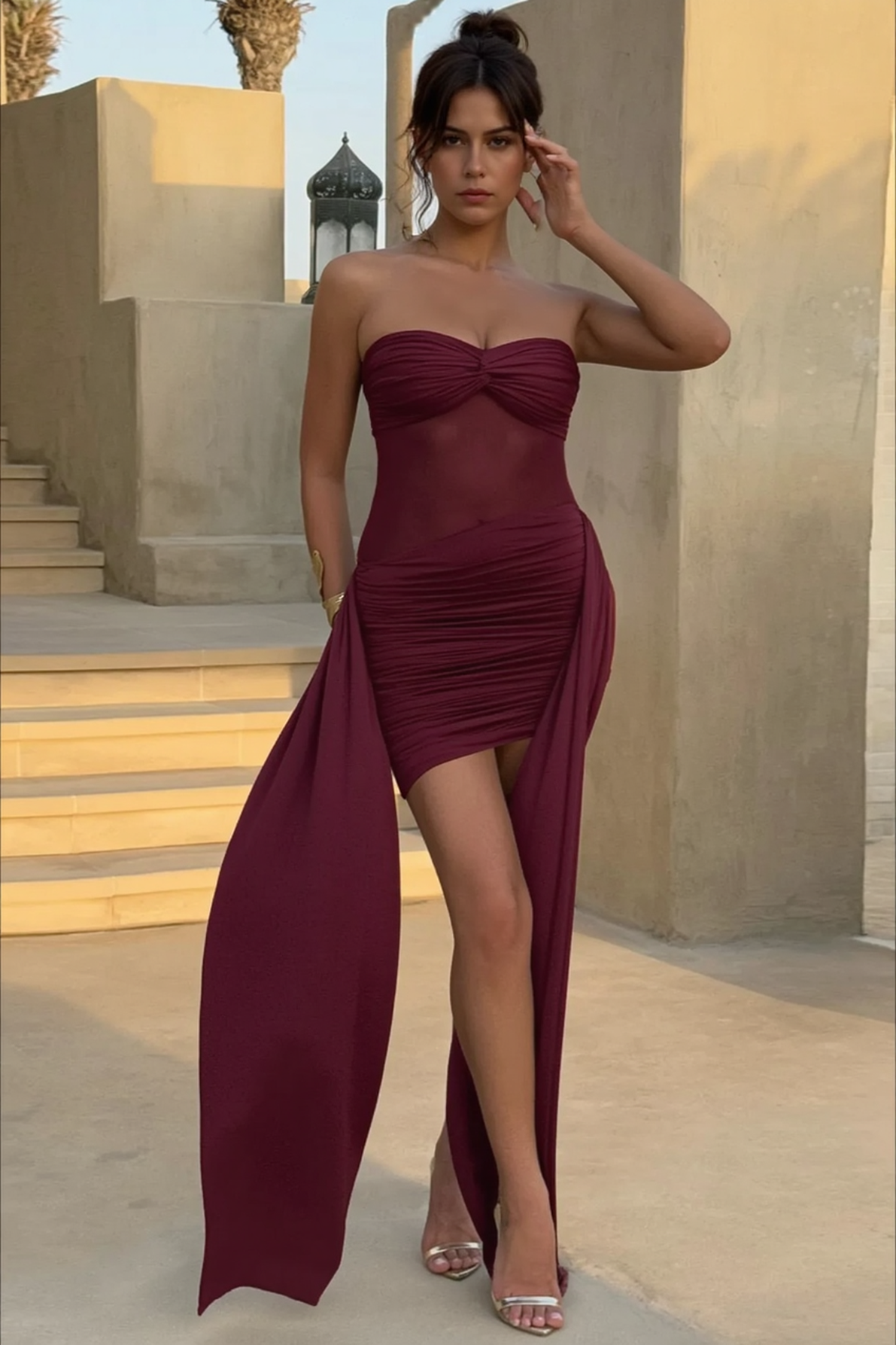 Sexy Strapless Backless Ruched Mesh Paneled Party Dress