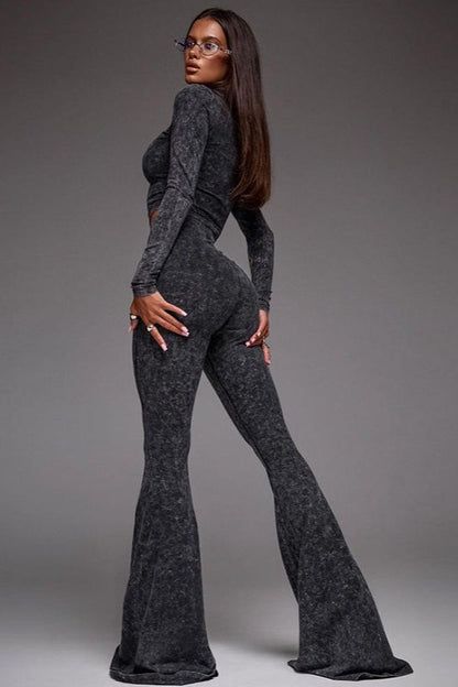 Sexy Zip Front Crop Top Flared Pants Set