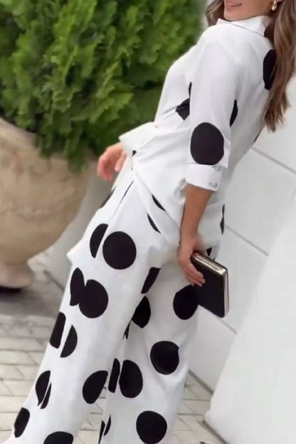 Fashion Lapel Long-sleeved Tie Waist Shirt and Casual Polka Dot Print Wide-leg Pants Set