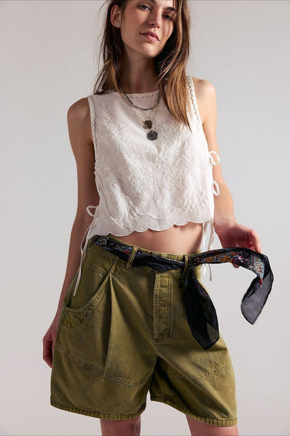 Utility Pockets Washed Denim Bermuda Shorts