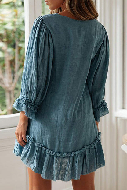 Loose Long Sleeve Ruffle Hem Cotton Linen Dress