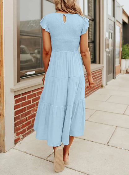 Smocked Bodice Flutter Sleeve Tiered A-Line Midi Dress