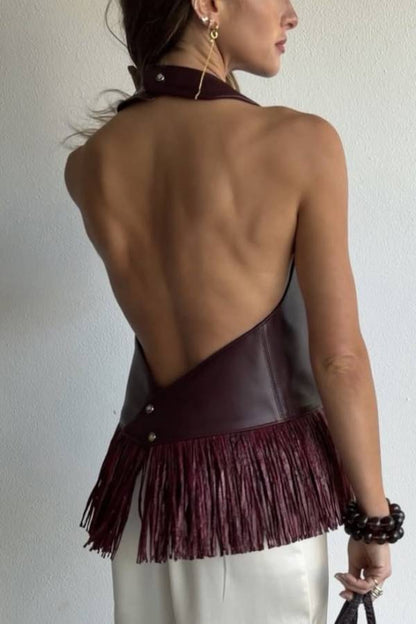 Multi-Color PU Leather Backless Tassel Sleeveless Top