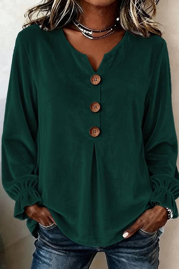 Velvet Notch V Neck Wooden Button Pleated Bell Sleeve Loose Blouse Top